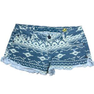 Y2K Blue White Tribal Print Vanilla Star Cutoff Denim Jean Shorts 9